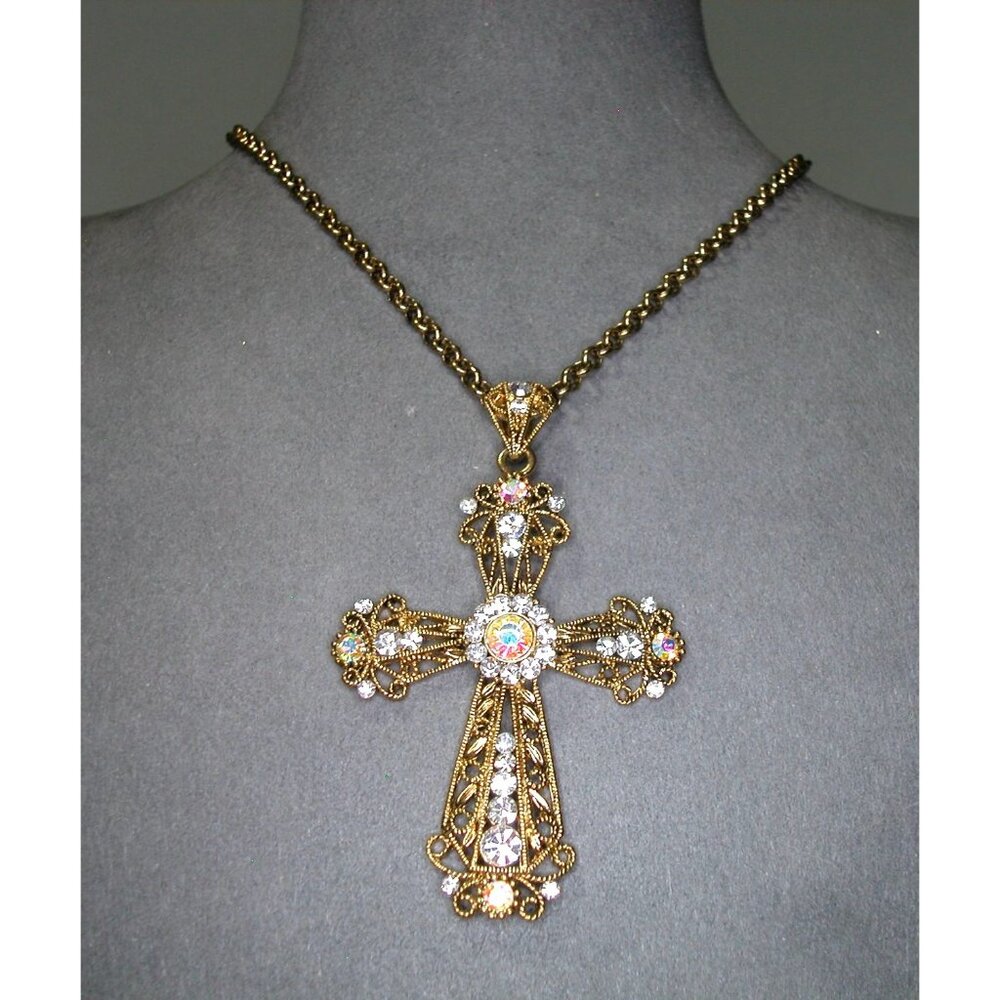 Gold-Tone Filigree Cross Pendant Necklace With Rhinestones 30" Chain & 2.5" Exte